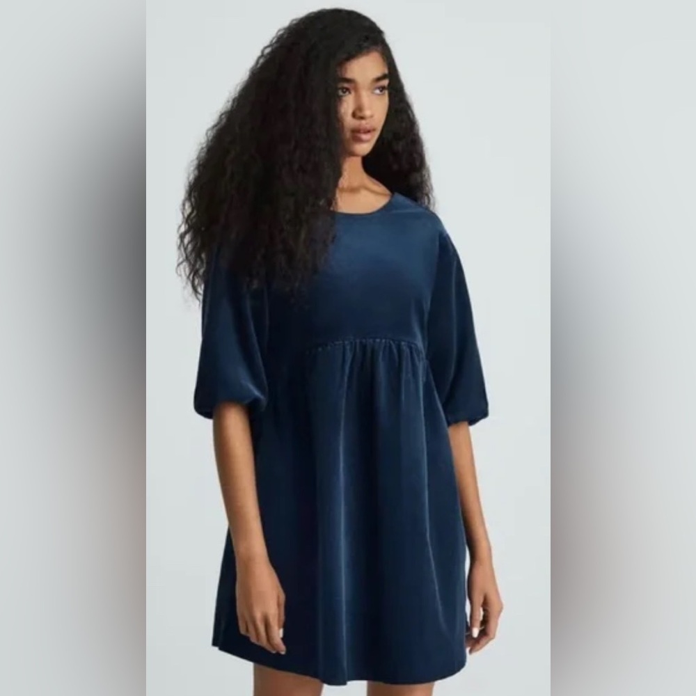 Everlane Navy Blue Corduroy Babydoll Mini Dress Puff Sleeve Scoop Back Pockets